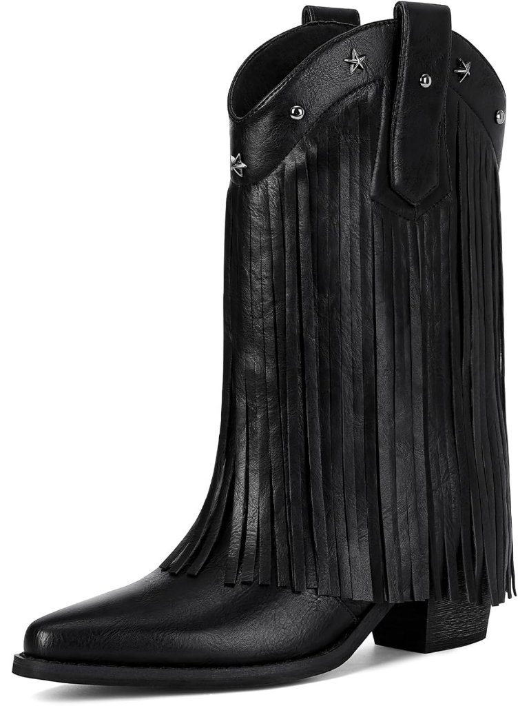 Women's Black Faux Leather Fringe Cowgirl Boot Star Studded Mid Calf Chunky Heel
